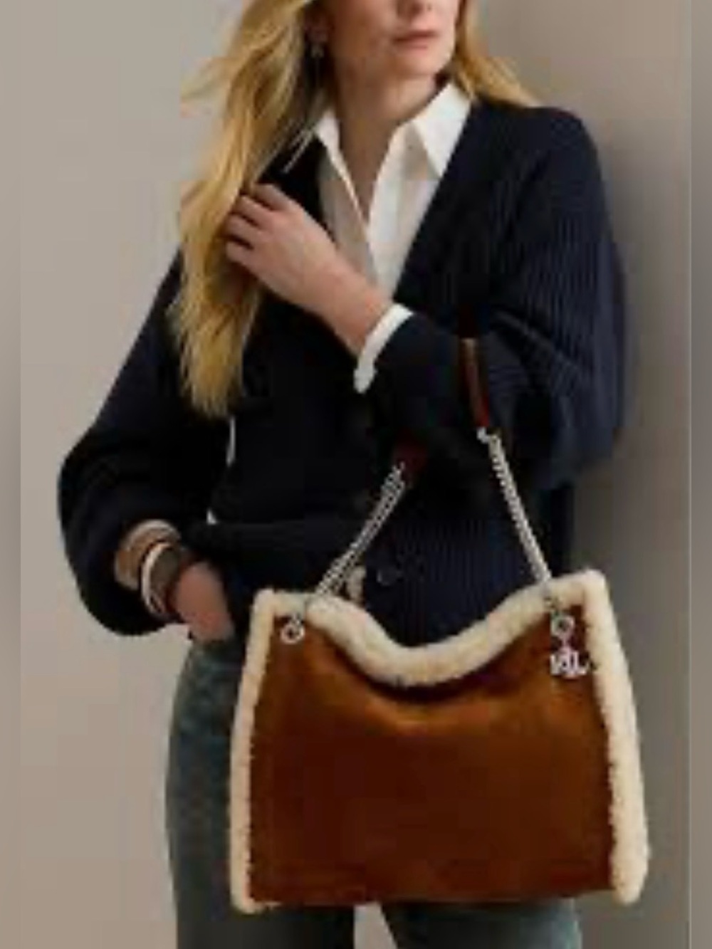 NWT Lauren Ralph Lauren Shearling-Trim Suede Large Bradley Tote Bag